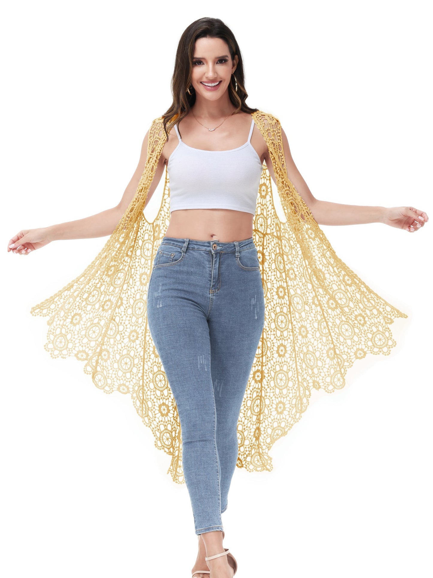 Anna-Kaci Boho Crochet Long Vest Top for Women Sleeveless Lace Cardigan Kimono Swimwear Cover Ups