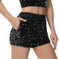 Anna-Kaci Women's Sparkly Sequin Shorts Elastic Waist Glitter Straight Leg Party Shorts with Pockets