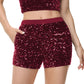 Anna-Kaci Women's Sparkly Sequin Shorts Elastic Waist Glitter Straight Leg Party Shorts with Pockets