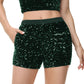 Anna-Kaci Women's Sparkly Sequin Shorts Elastic Waist Glitter Straight Leg Party Shorts with Pockets