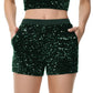 Anna-Kaci Women's Sparkly Sequin Shorts Elastic Waist Glitter Straight Leg Party Shorts with Pockets