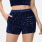 High-Waisted Sequin Shorts with Elastic Waistband and Side Pockets