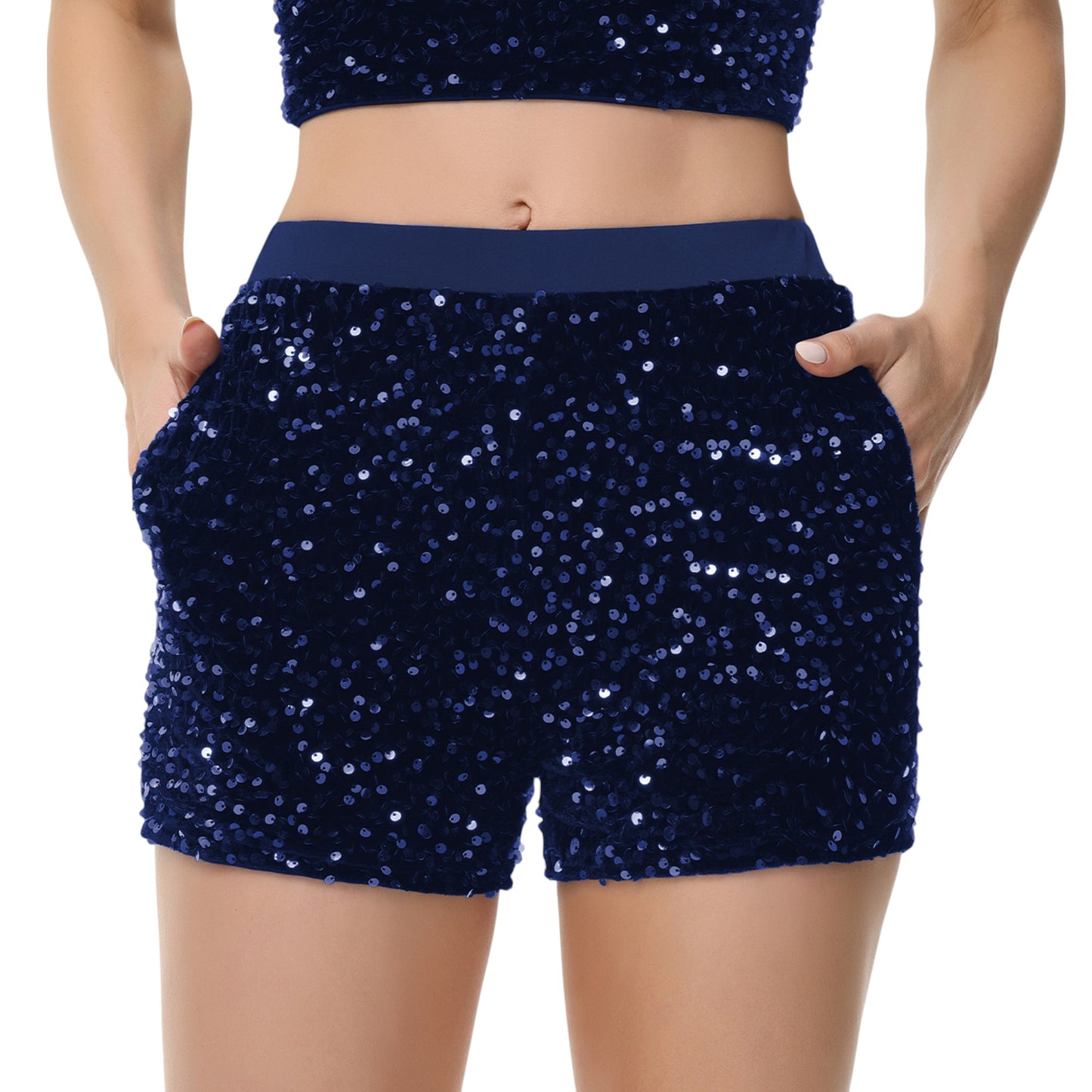 High-Waisted Sequin Shorts with Elastic Waistband and Side Pockets