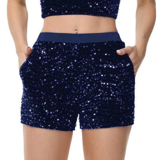 High-Waisted Sequin Shorts with Elastic Waistband and Side Pockets
