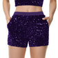 High-Waisted Sequin Shorts with Elastic Waistband and Side Pockets