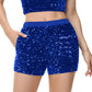 Anna-Kaci Women's Sparkly Sequin Shorts Elastic Waist Glitter Straight Leg Party Shorts with Pockets