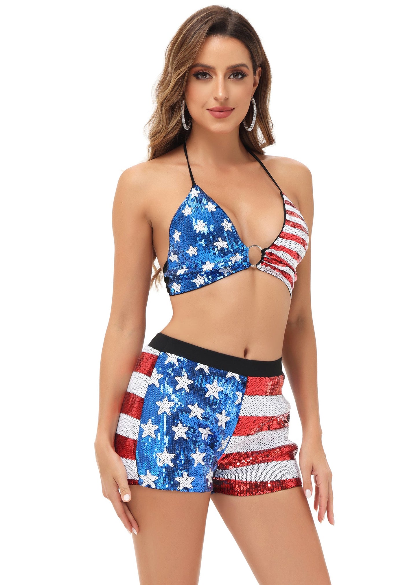 Anna-Kaci Women's 2 Piece July 4th Bikini Set USA Flag Sparkly Sequin Halter Top Shorts Sets