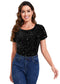 Women's Sparkly Sequin Velvet Tops Short Sleeve Crew Neck Shirt Party Club Blouse