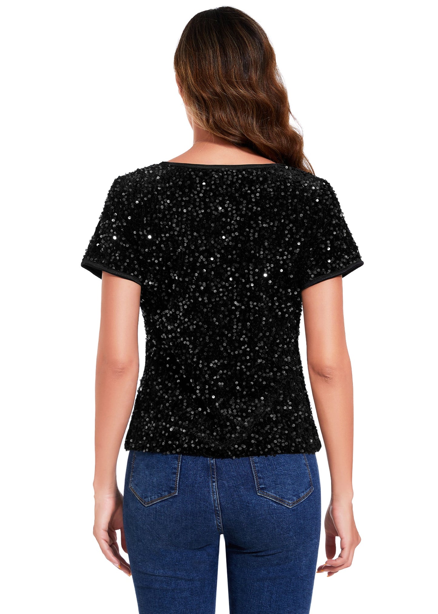 Women's Sparkly Sequin Velvet Tops Short Sleeve Crew Neck Shirt Party Club Blouse