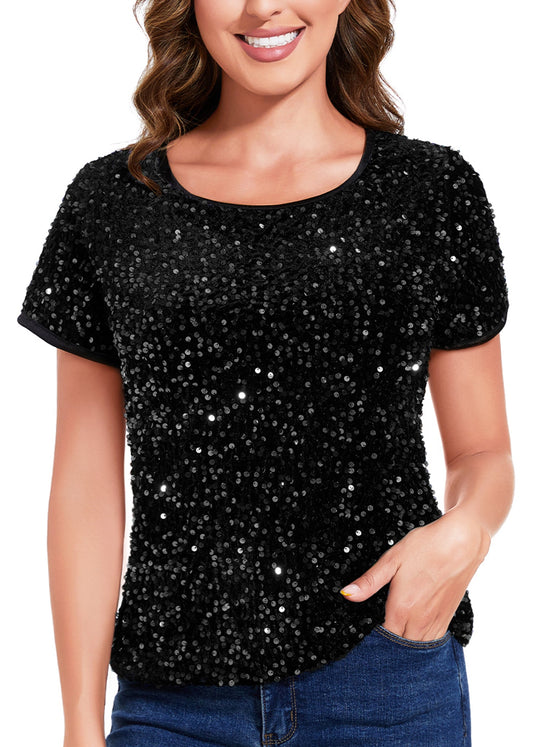 Women's Sparkly Sequin Velvet Tops Short Sleeve Crew Neck Shirt Party Club Blouse