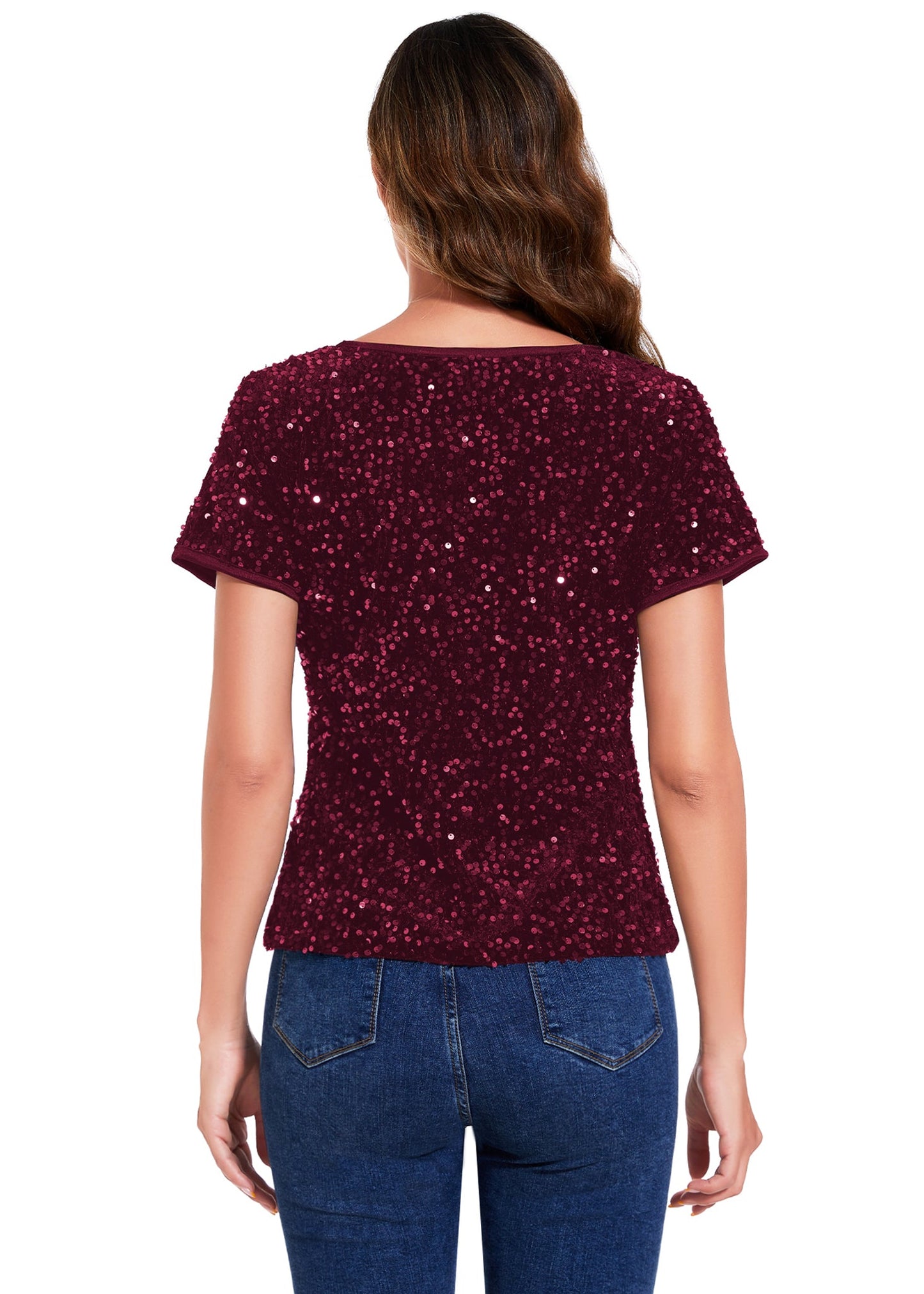 Women's Sparkly Sequin Velvet Tops Short Sleeve Crew Neck Shirt Party Club Blouse