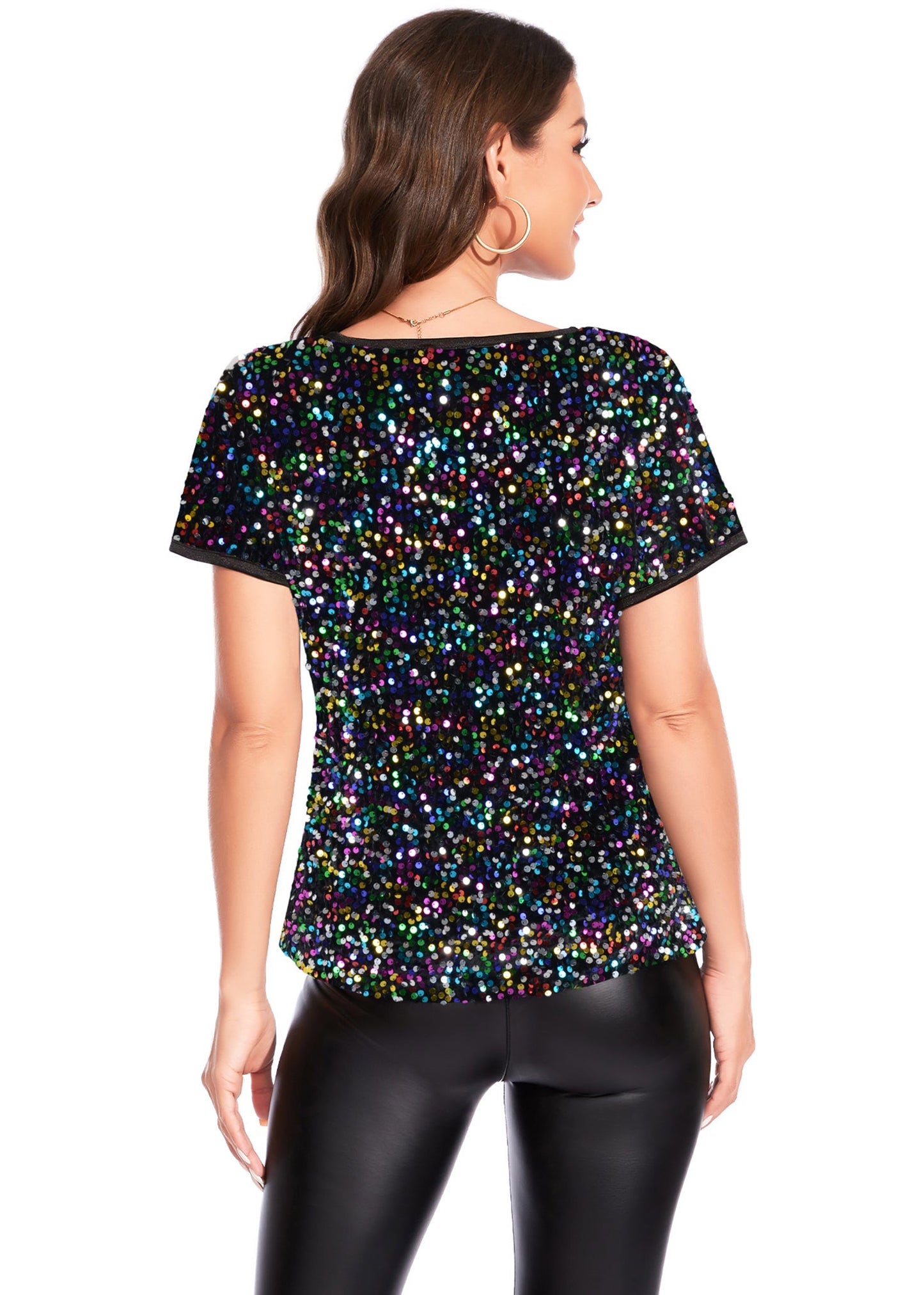 Women's Sparkly Sequin Velvet Tops Short Sleeve Crew Neck Shirt Party Club Blouse