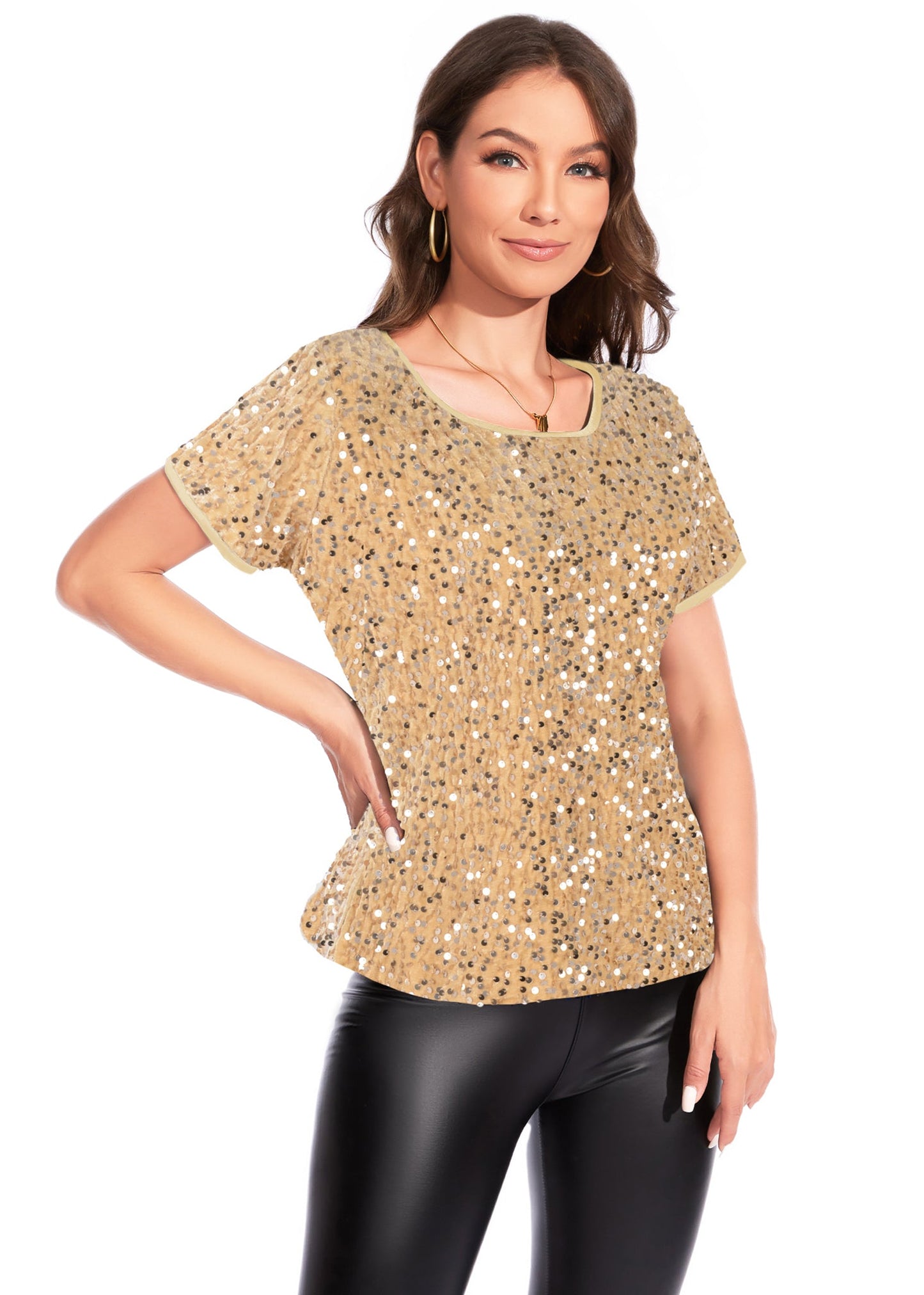 Women's Sparkly Sequin Velvet Tops Short Sleeve Crew Neck Shirt Party Club Blouse