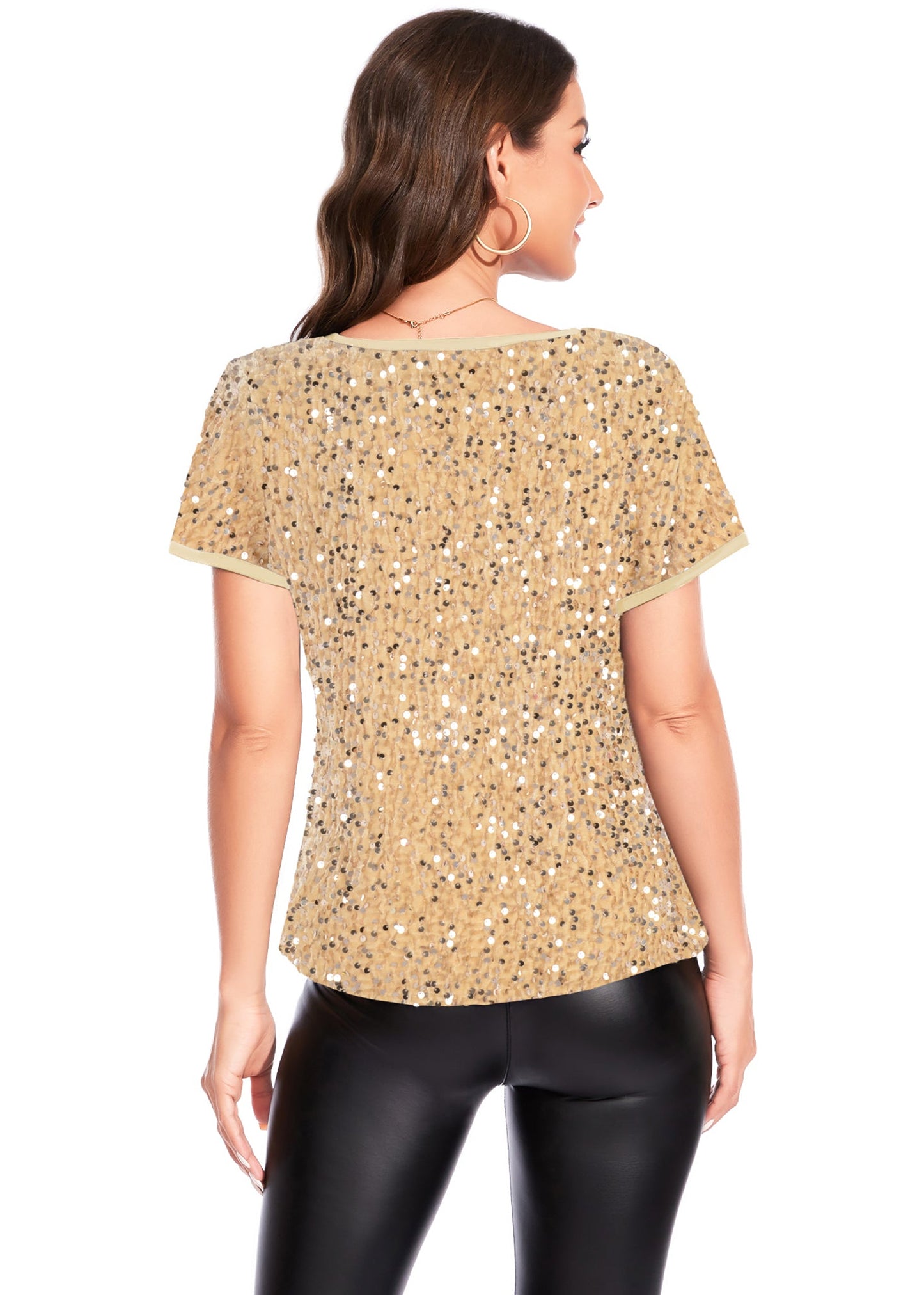 Women's Sparkly Sequin Velvet Tops Short Sleeve Crew Neck Shirt Party Club Blouse