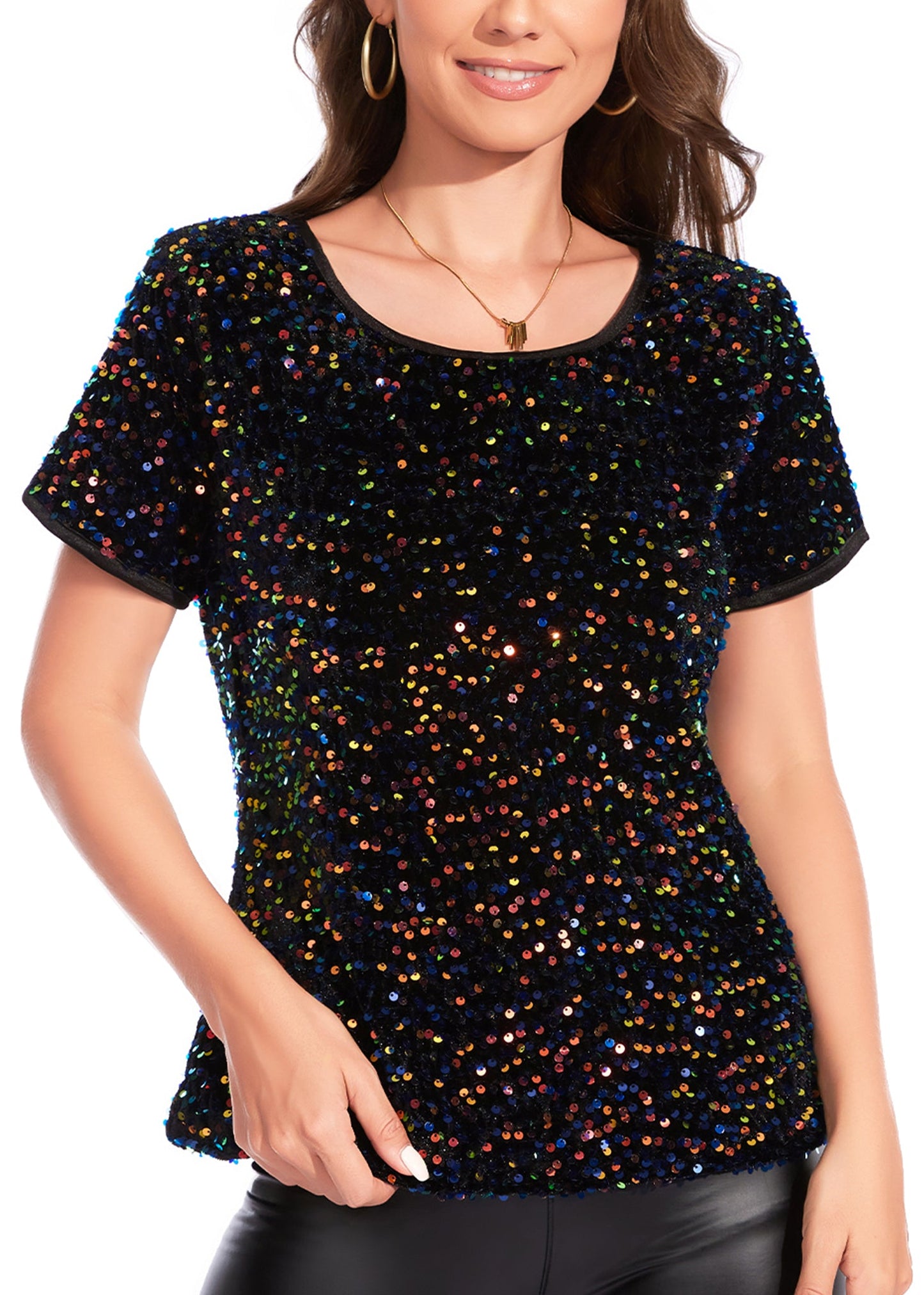 Women's Sparkly Sequin Velvet Tops Short Sleeve Crew Neck Shirt Party Club Blouse