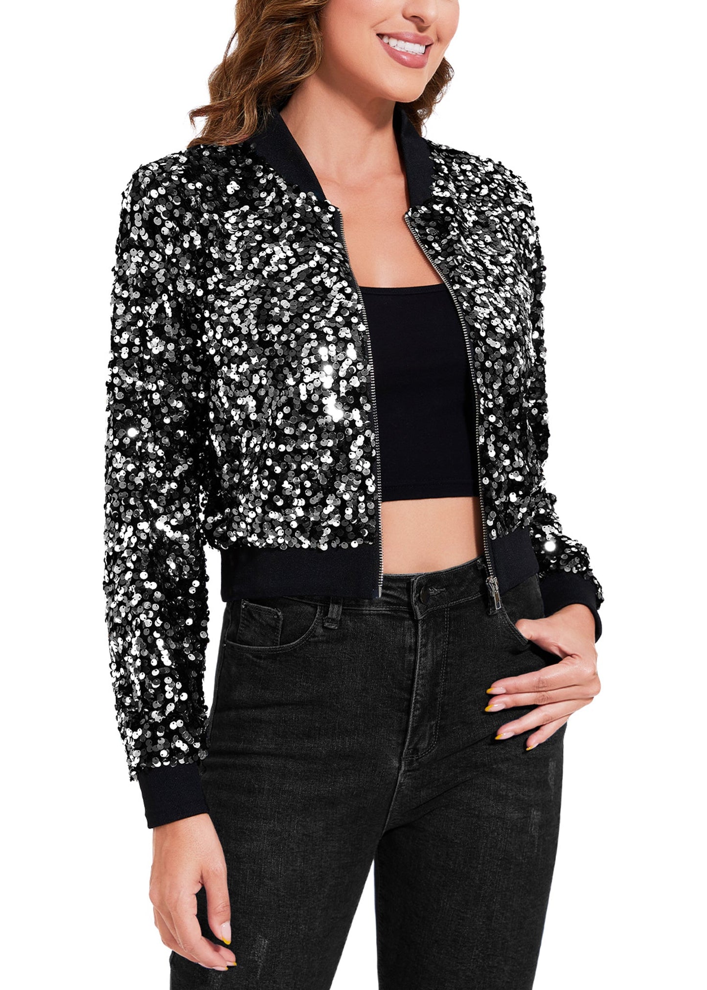 Women's Sparkly Sequin Cropped Jacket Long Sleeve Zipper Up Party Club Bomber Jacket