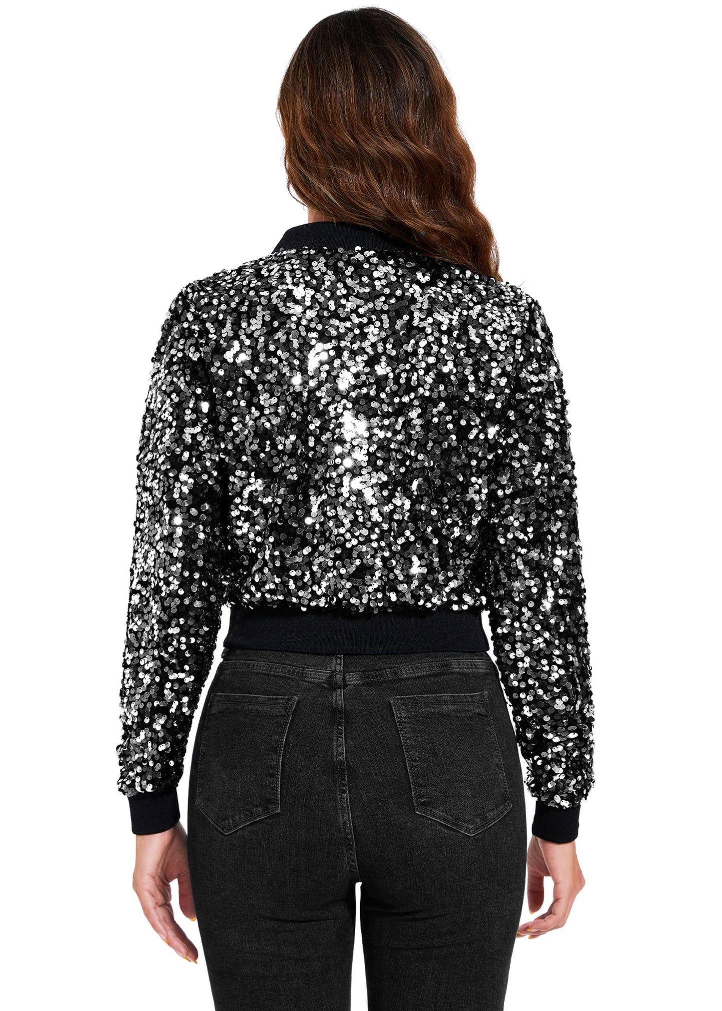 Women's Sparkly Sequin Cropped Jacket Long Sleeve Zipper Up Party Club Bomber Jacket