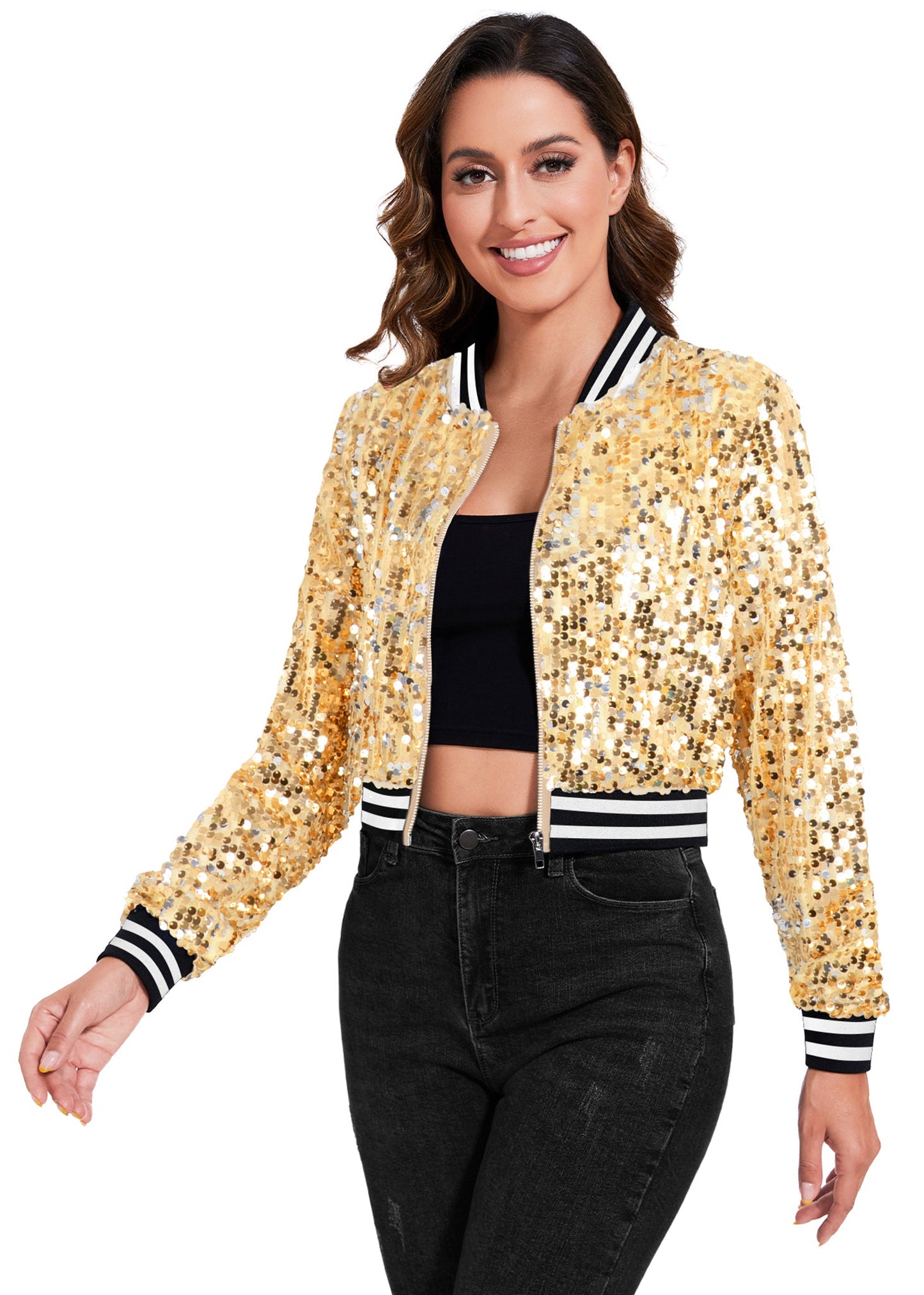 Women's Sparkly Sequin Cropped Jacket Long Sleeve Zipper Up Party Club Bomber Jacket