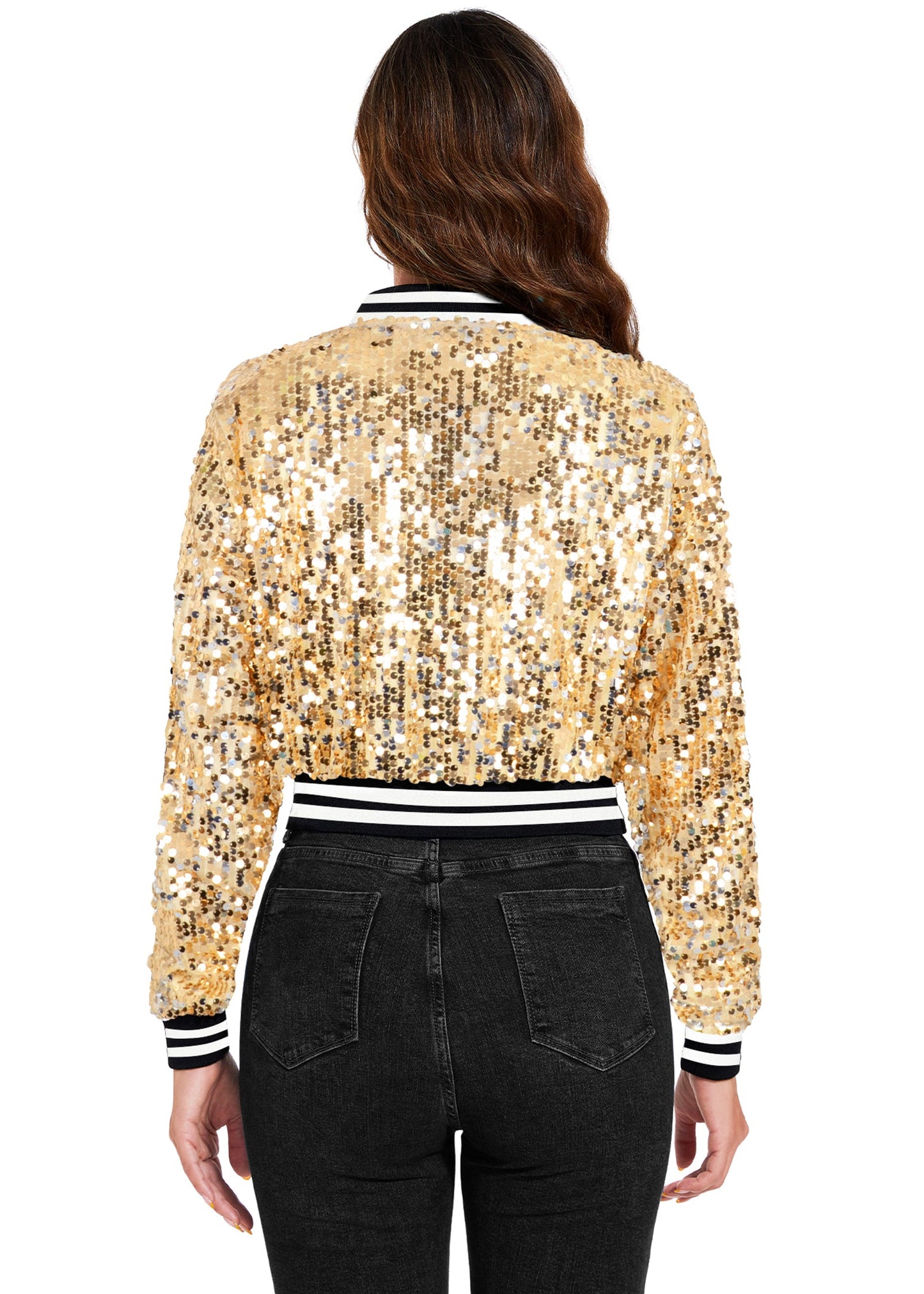 Women's Sparkly Sequin Cropped Jacket Long Sleeve Zipper Up Party Club Bomber Jacket