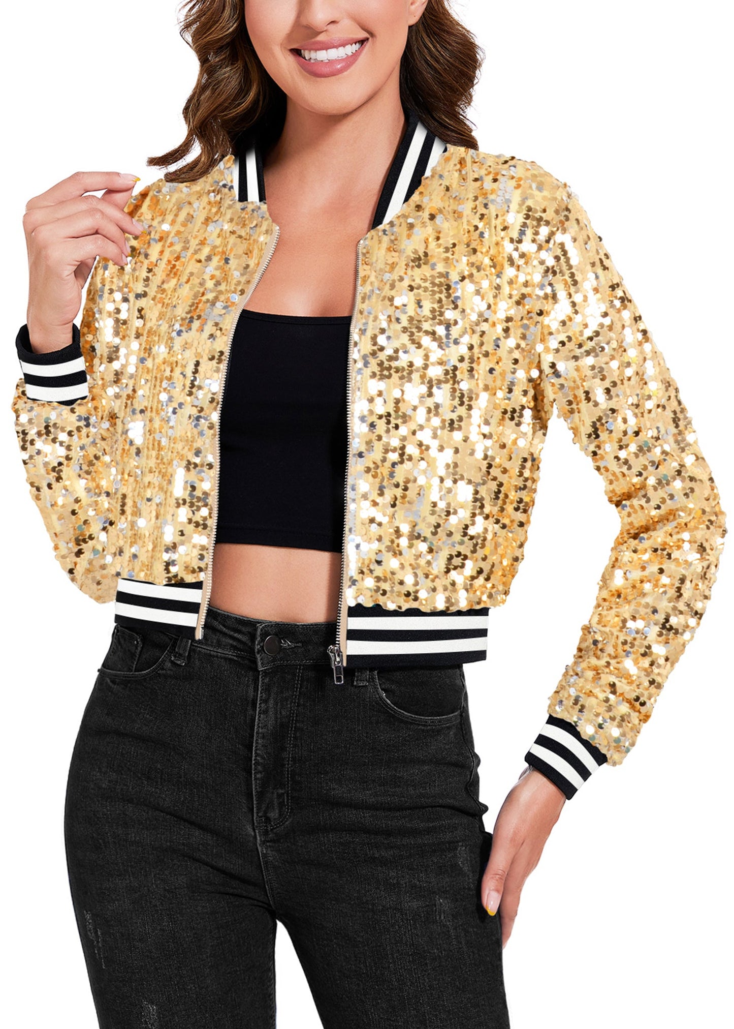 Women's Sparkly Sequin Cropped Jacket Long Sleeve Zipper Up Party Club Bomber Jacket