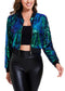 Women's Sparkly Sequin Cropped Jacket Long Sleeve Zipper Up Party Club Bomber Jacket