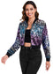 Women's Sparkly Sequin Cropped Jacket Long Sleeve Zipper Up Party Club Bomber Jacket