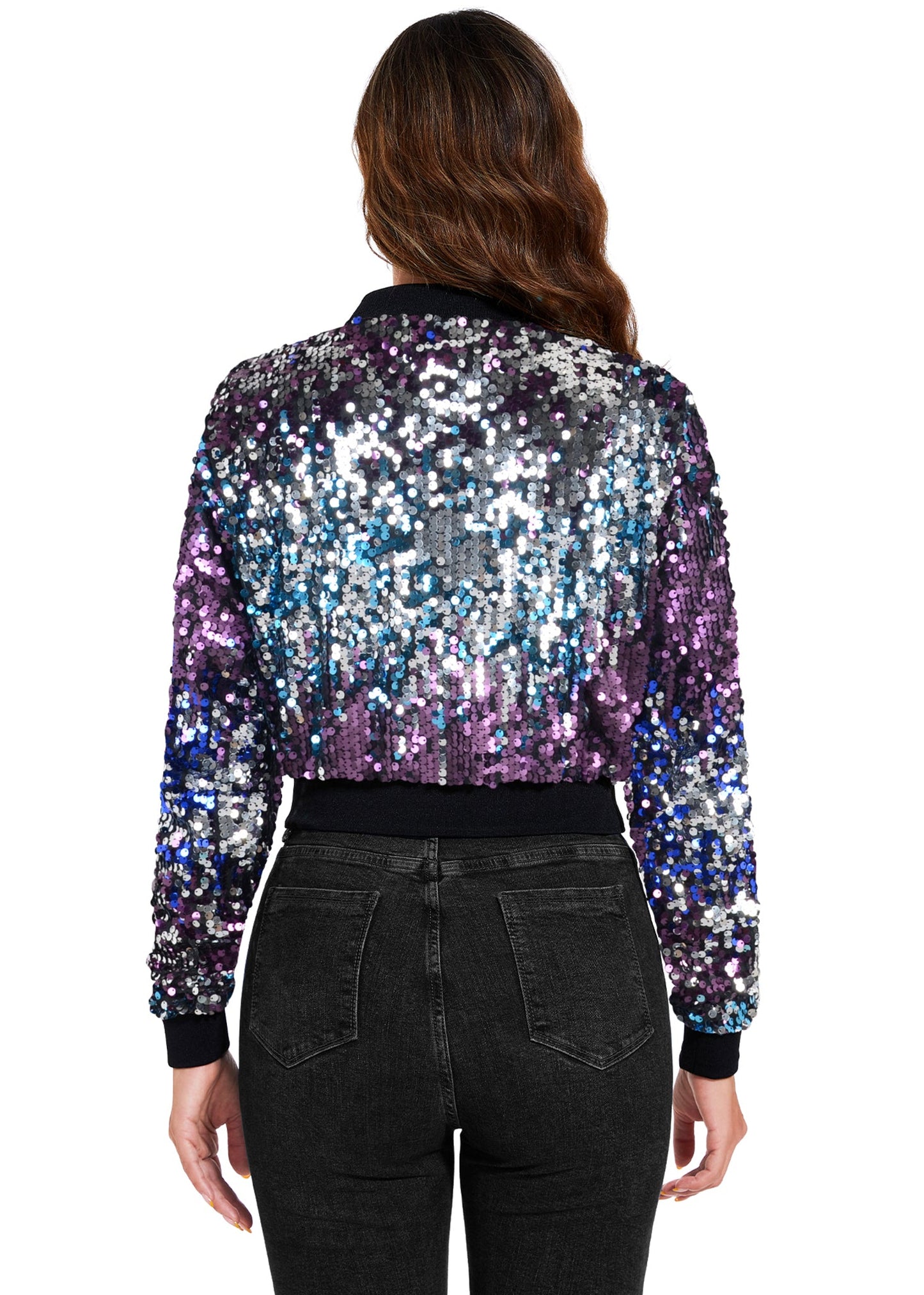 Women's Sparkly Sequin Cropped Jacket Long Sleeve Zipper Up Party Club Bomber Jacket