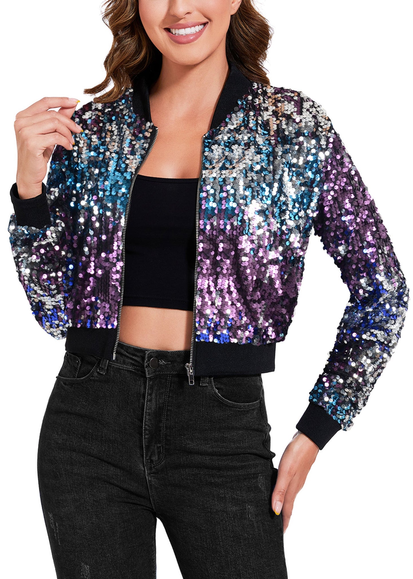 Women's Sparkly Sequin Cropped Jacket Long Sleeve Zipper Up Party Club Bomber Jacket