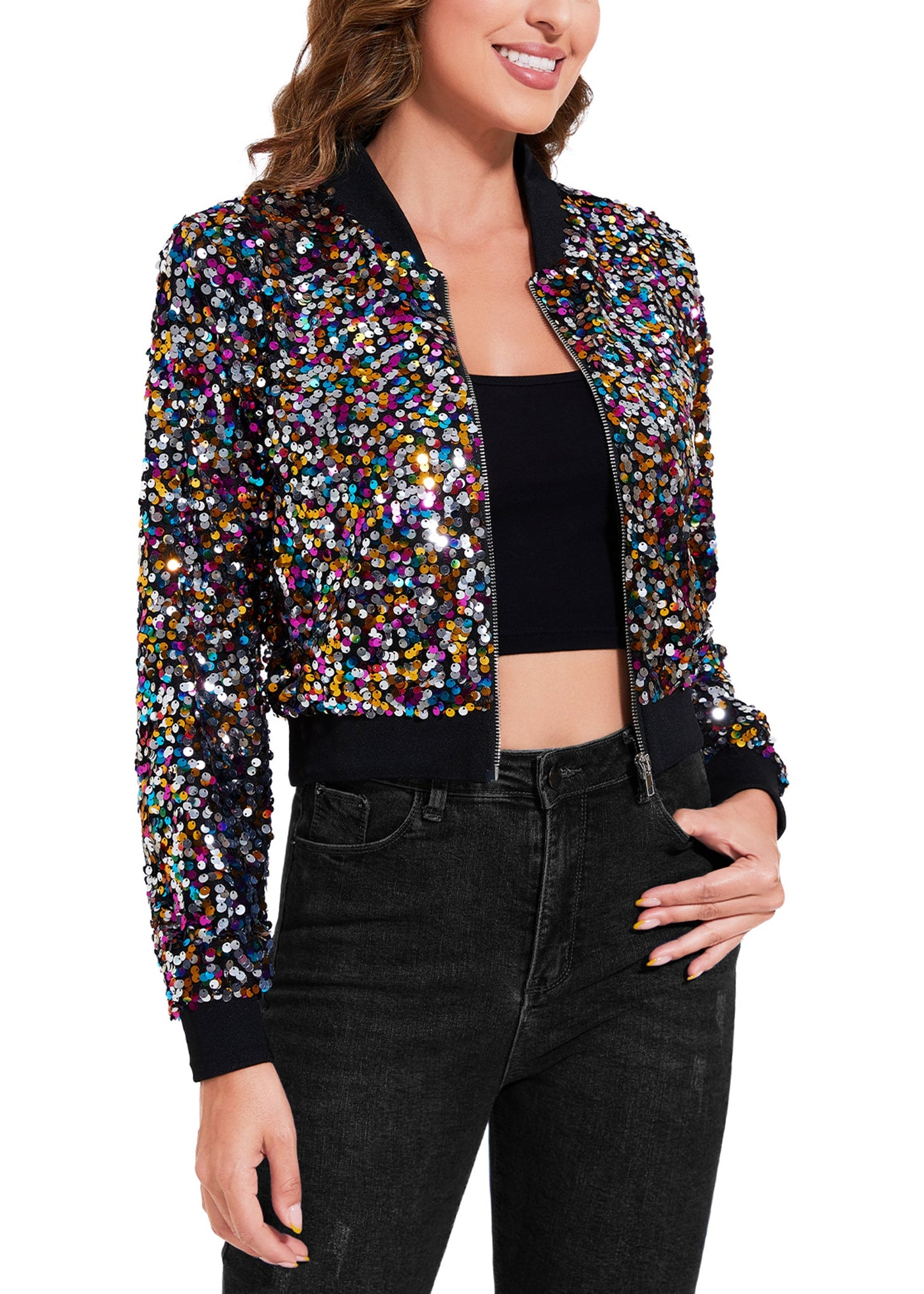 Women's Sparkly Sequin Cropped Jacket Long Sleeve Zipper Up Party Club Bomber Jacket