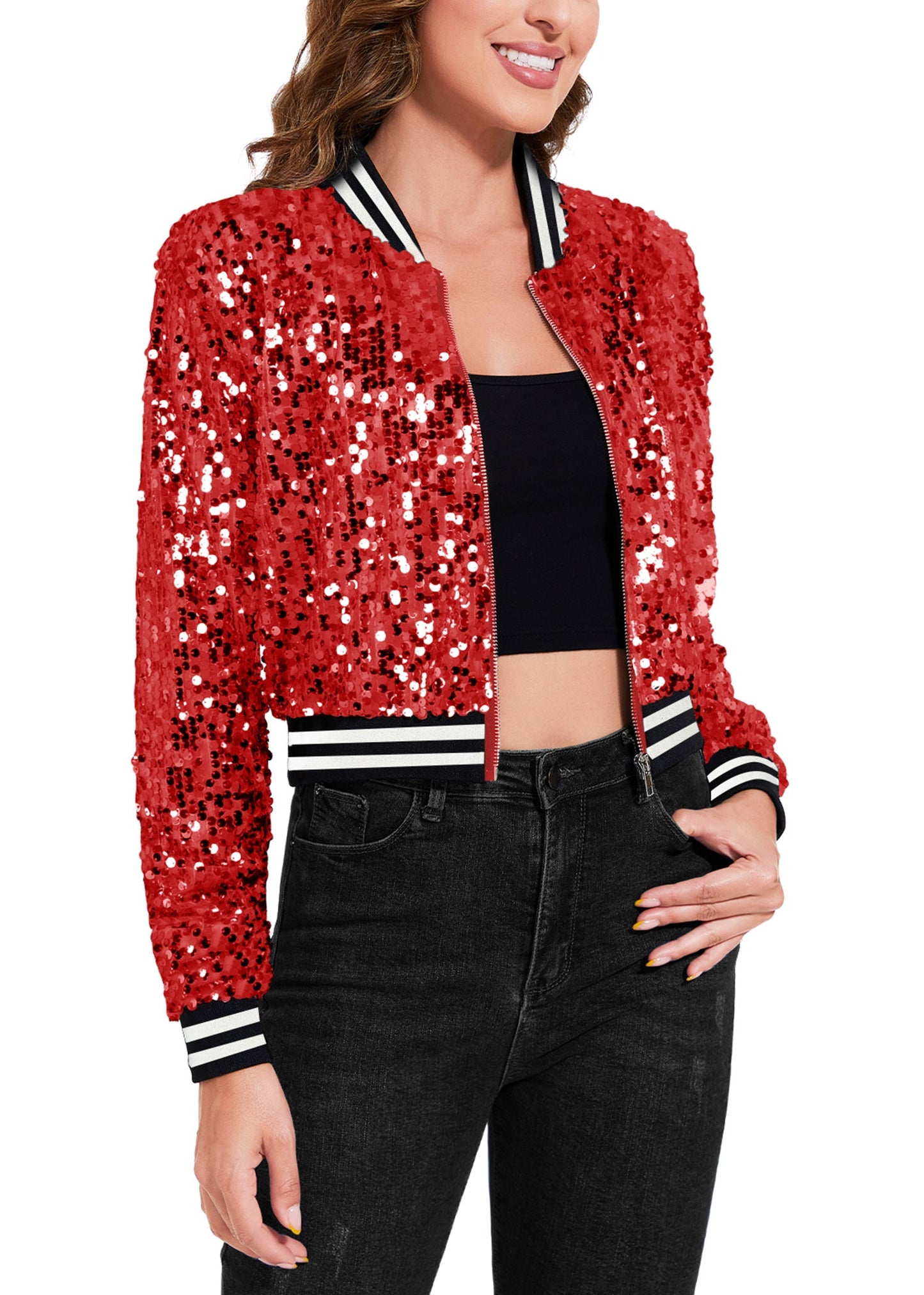 Women's Sparkly Sequin Cropped Jacket Long Sleeve Zipper Up Party Club Bomber Jacket