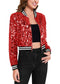 Women's Sparkly Sequin Cropped Jacket Long Sleeve Zipper Up Party Club Bomber Jacket