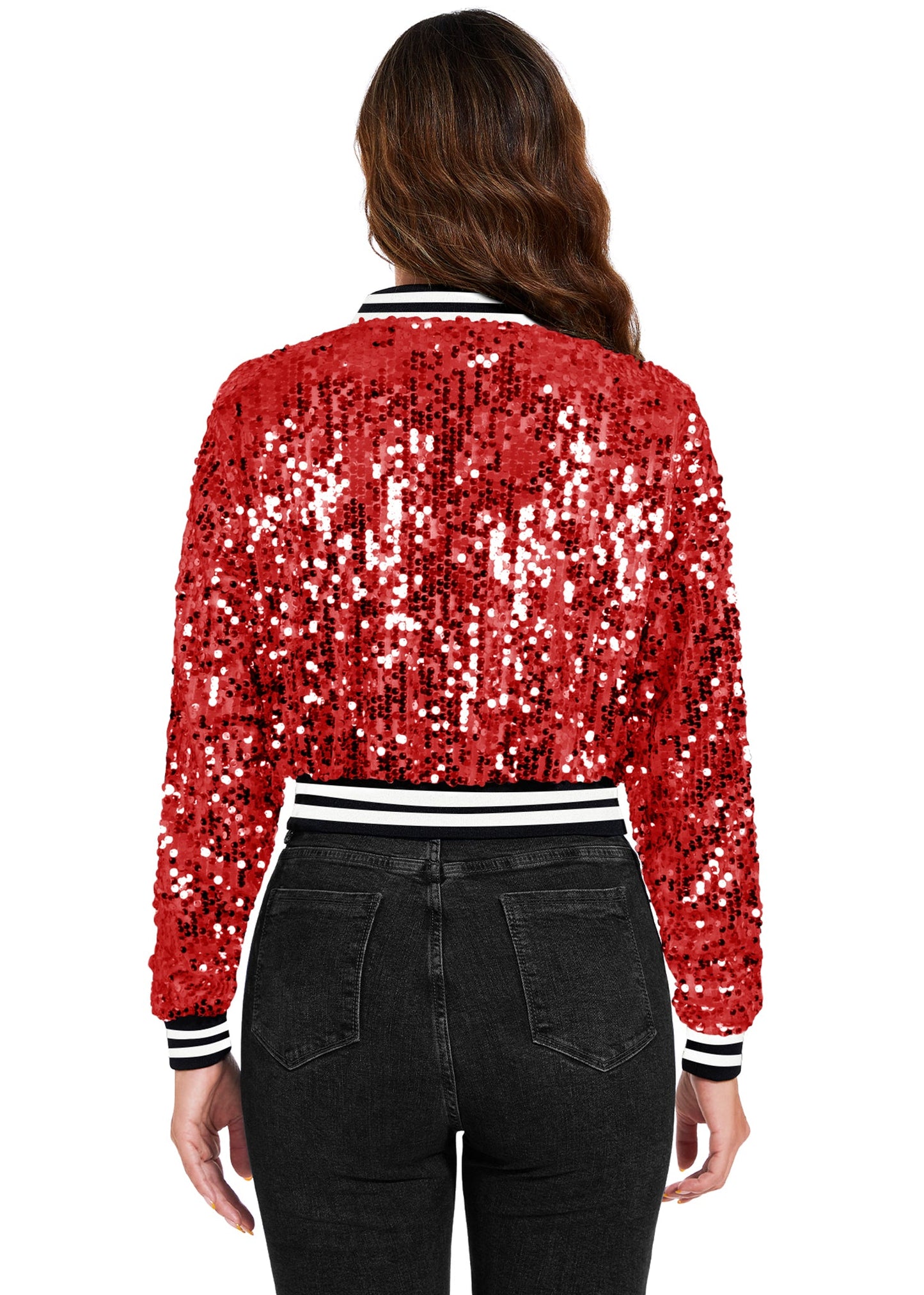 Women's Sparkly Sequin Cropped Jacket Long Sleeve Zipper Up Party Club Bomber Jacket