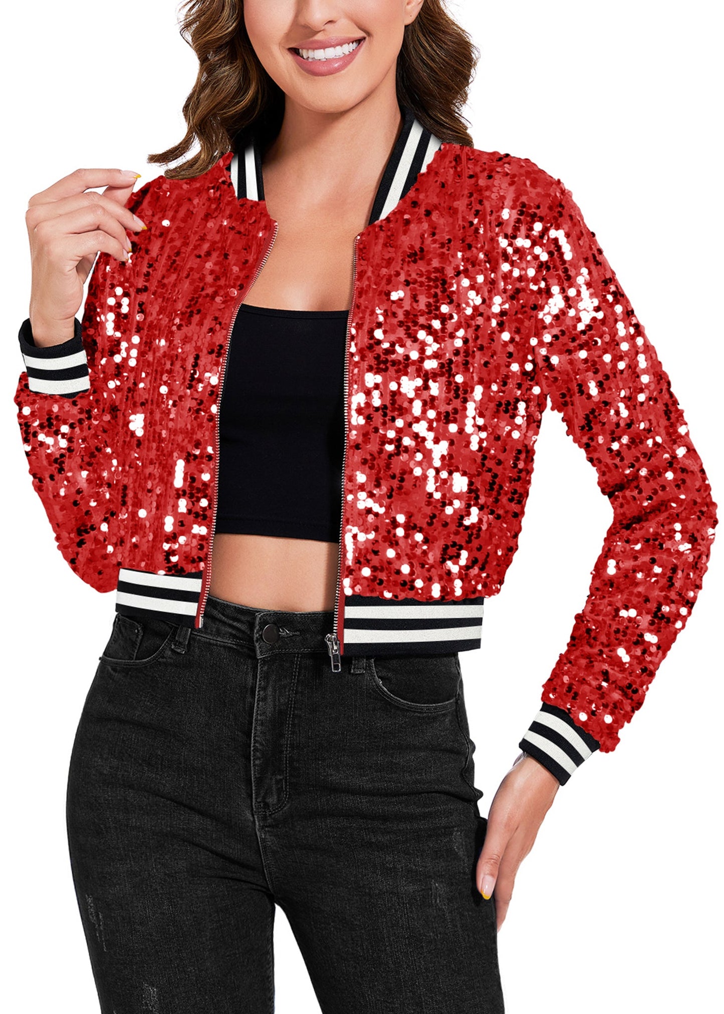 Women's Sparkly Sequin Cropped Jacket Long Sleeve Zipper Up Party Club Bomber Jacket