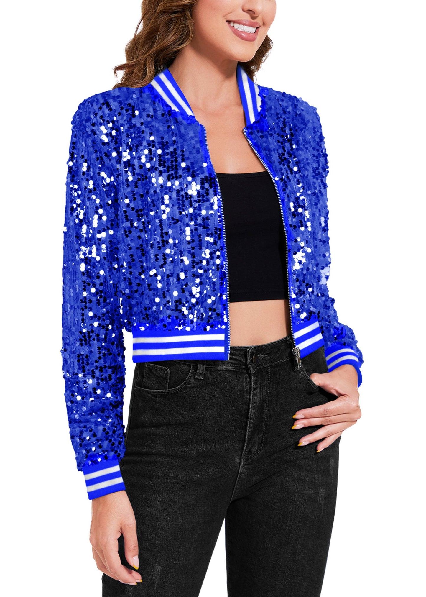 Women's Sparkly Sequin Cropped Jacket Long Sleeve Zipper Up Party Club Bomber Jacket