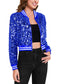 Women's Sparkly Sequin Cropped Jacket Long Sleeve Zipper Up Party Club Bomber Jacket