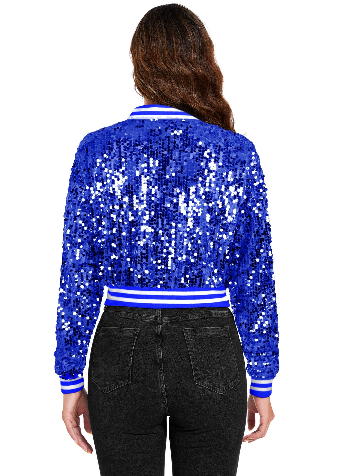 Women's Sparkly Sequin Cropped Jacket Long Sleeve Zipper Up Party Club Bomber Jacket