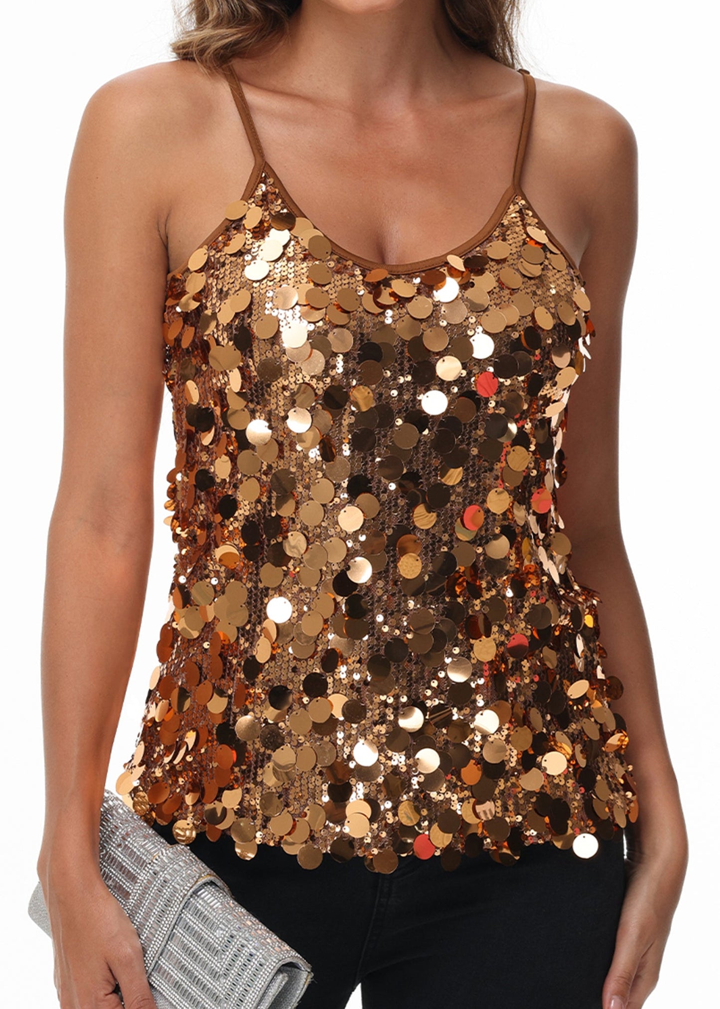 Anna-Kaci Womens Sequin Cami Tops Sleeveless Spaghetti Strap Shimmer Glitter Party Tank Top