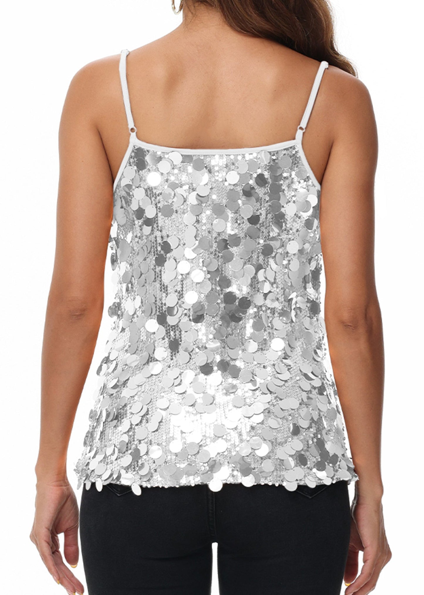 Anna-Kaci Womens Sequin Cami Tops Sleeveless Spaghetti Strap Shimmer Glitter Party Tank Top