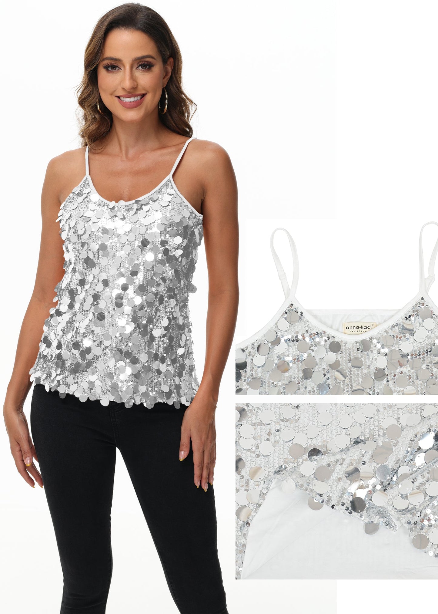 Anna-Kaci Womens Sequin Cami Tops Sleeveless Spaghetti Strap Shimmer Glitter Party Tank Top