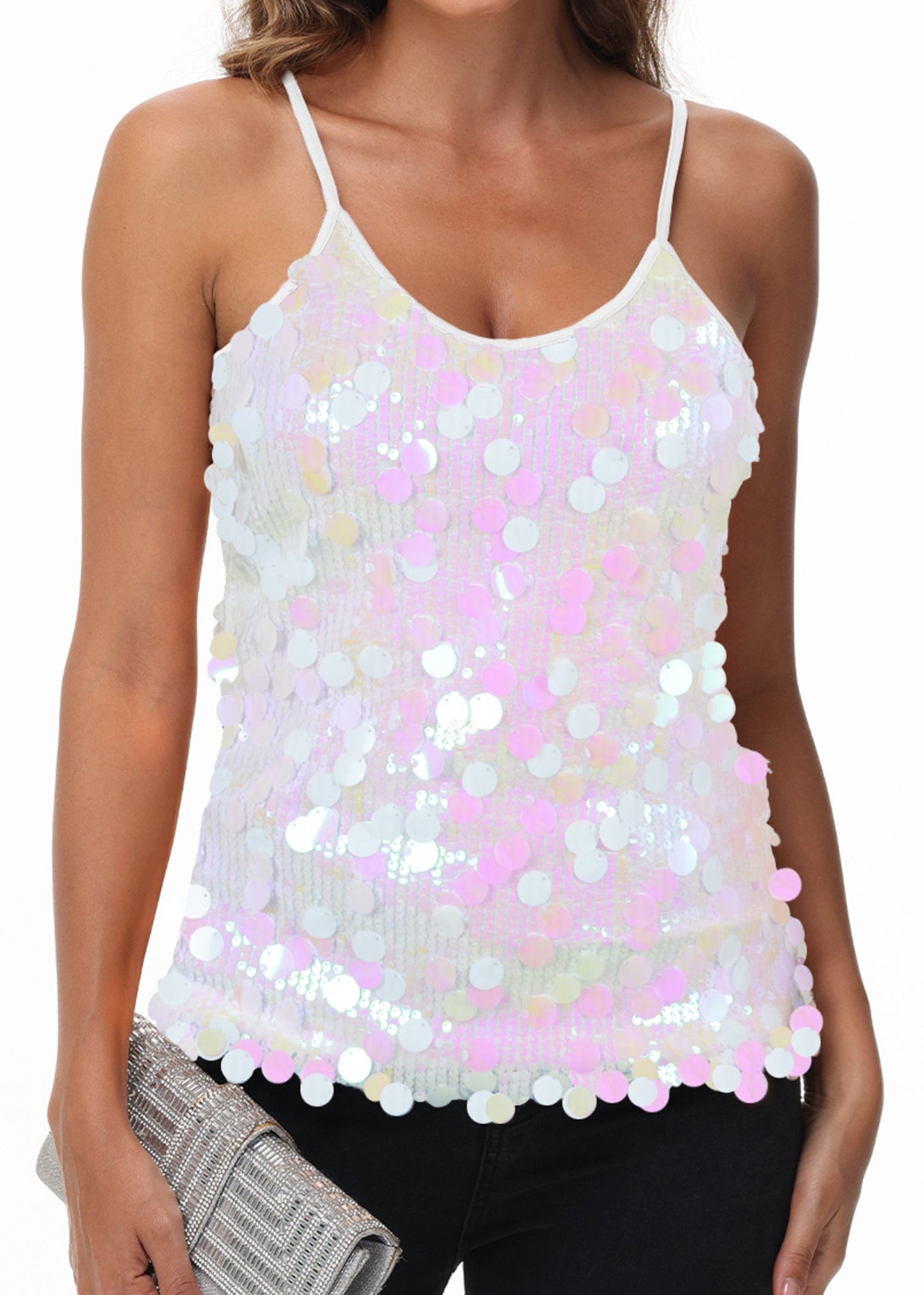 Anna-Kaci Womens Sequin Cami Tops Sleeveless Spaghetti Strap Shimmer Glitter Party Tank Top