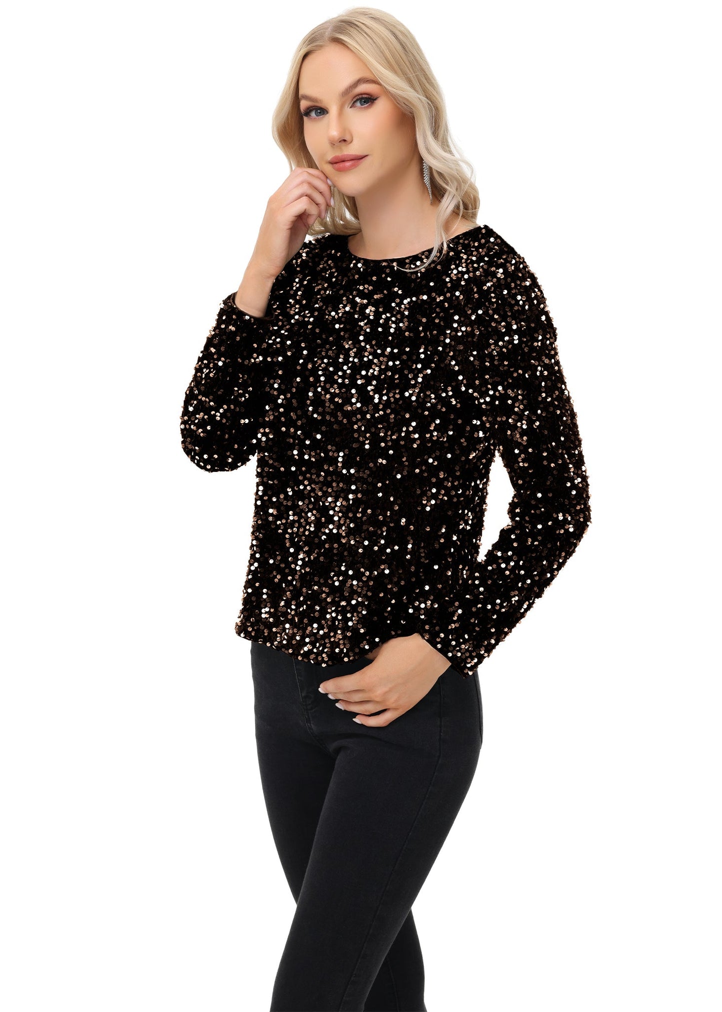 Anna-Kaci Women's Sequin Tops Sparkly Long Sleeve Glitter Evening Party Concert Shirt Blouse