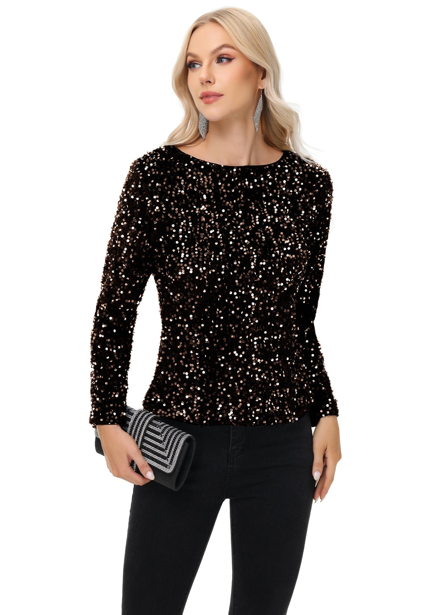 Anna-Kaci Women's Sequin Tops Sparkly Long Sleeve Glitter Evening Party Concert Shirt Blouse