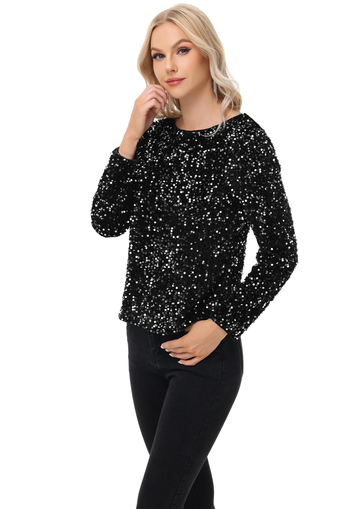 Anna-Kaci Women's Sequin Tops Sparkly Long Sleeve Glitter Evening Party Concert Shirt Blouse