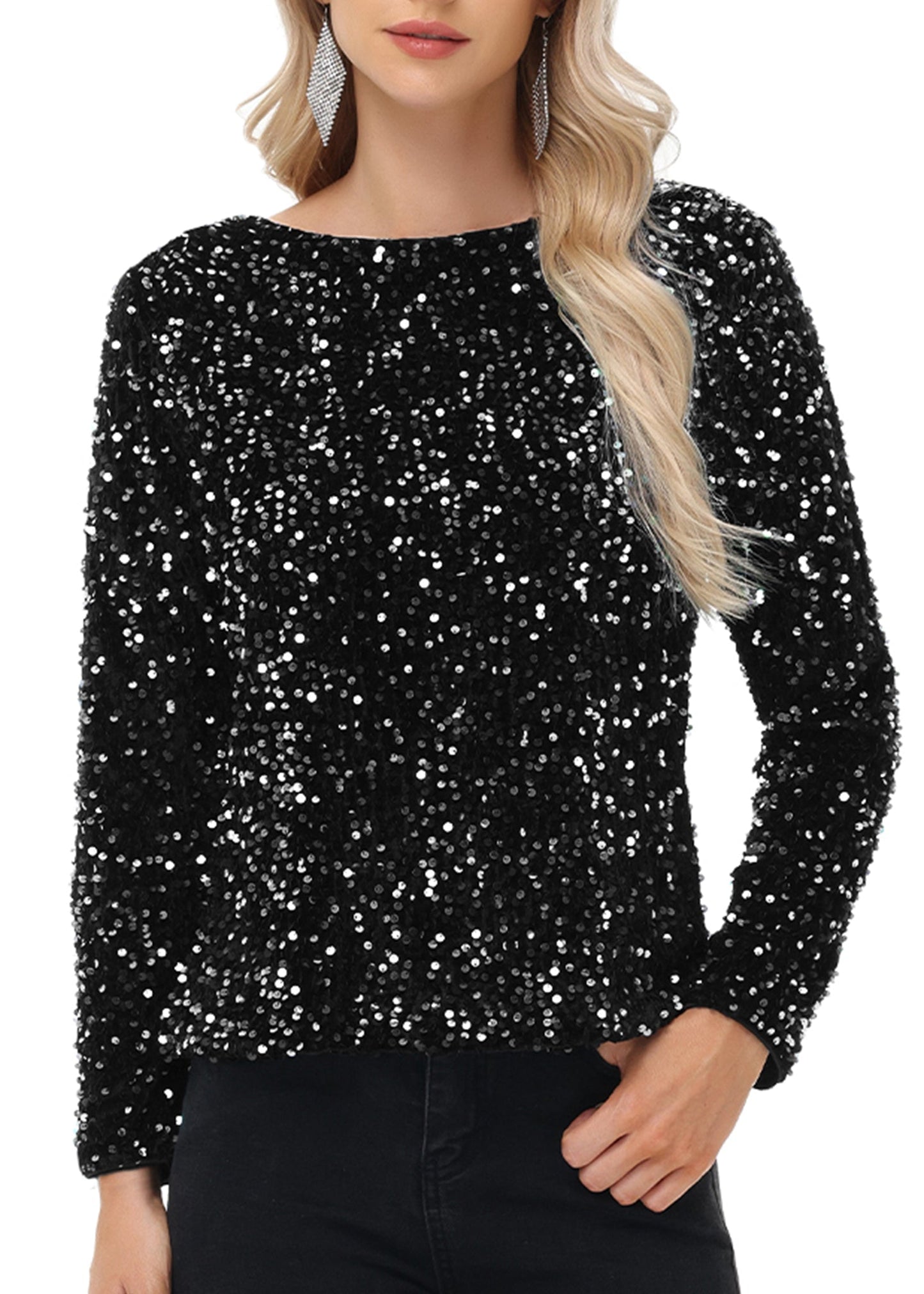 Anna-Kaci Women's Sequin Tops Sparkly Long Sleeve Glitter Evening Party Concert Shirt Blouse