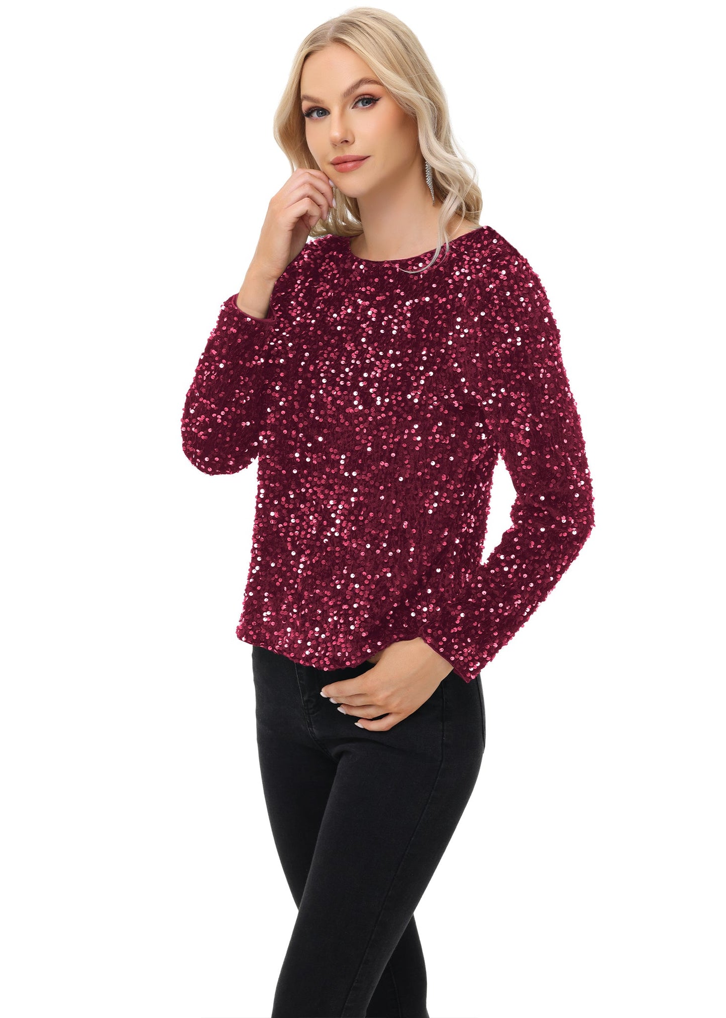 Anna-Kaci Women's Sequin Tops Sparkly Long Sleeve Glitter Evening Party Concert Shirt Blouse