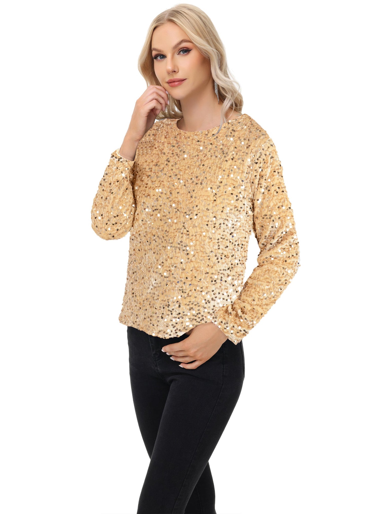 Anna-Kaci Women's Sequin Tops Sparkly Long Sleeve Glitter Evening Party Concert Shirt Blouse