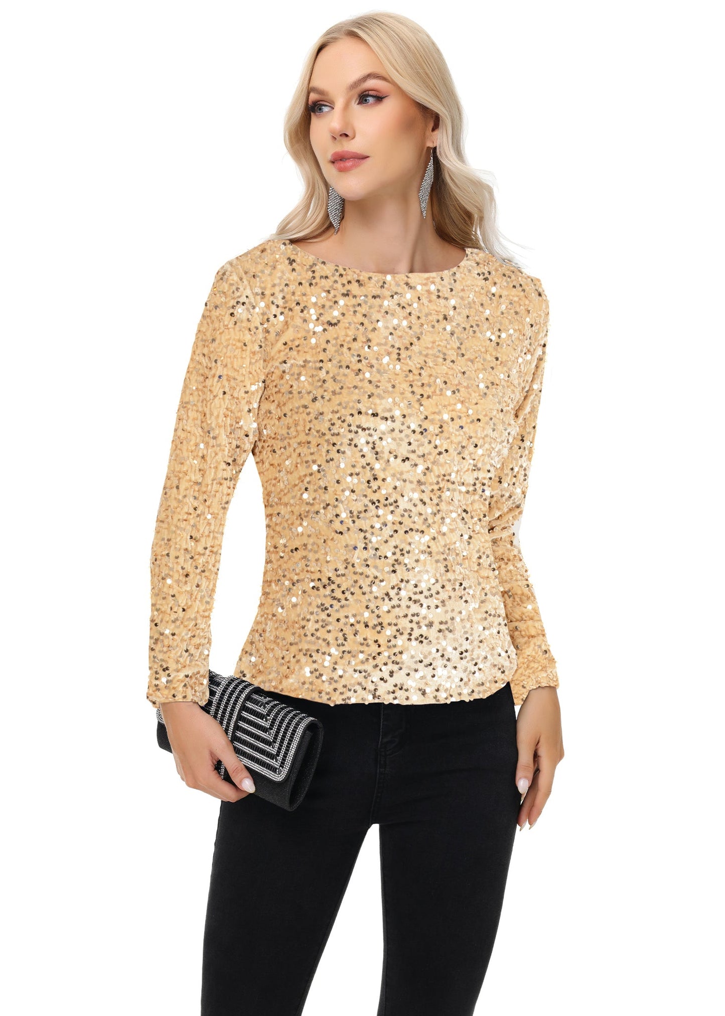 Anna-Kaci Women's Sequin Tops Sparkly Long Sleeve Glitter Evening Party Concert Shirt Blouse