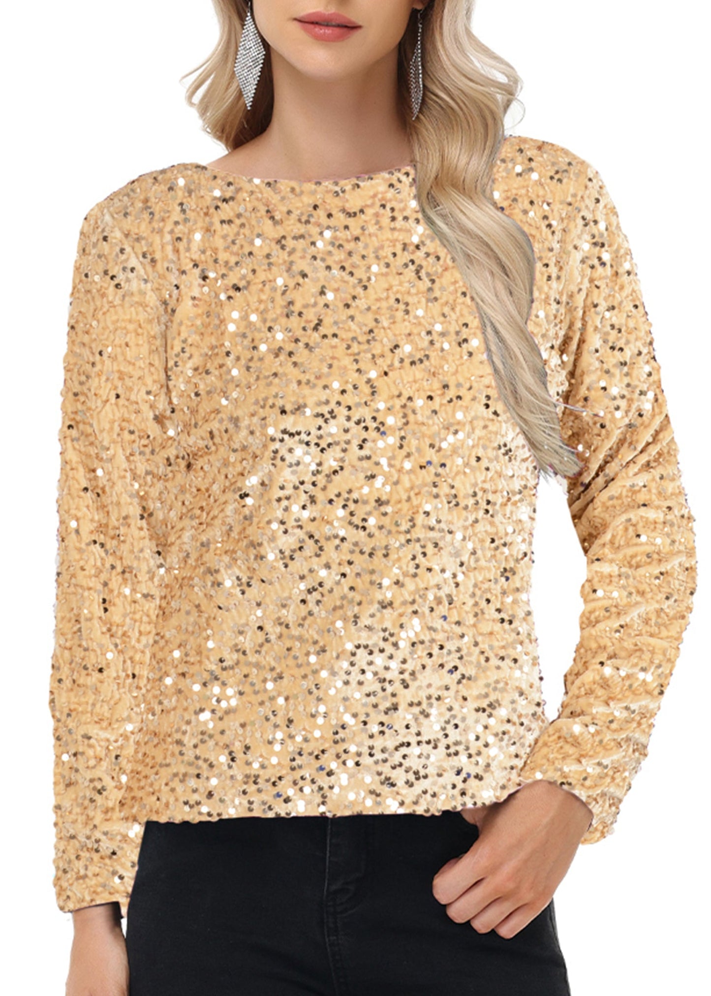 Anna-Kaci Women's Sequin Tops Sparkly Long Sleeve Glitter Evening Party Concert Shirt Blouse