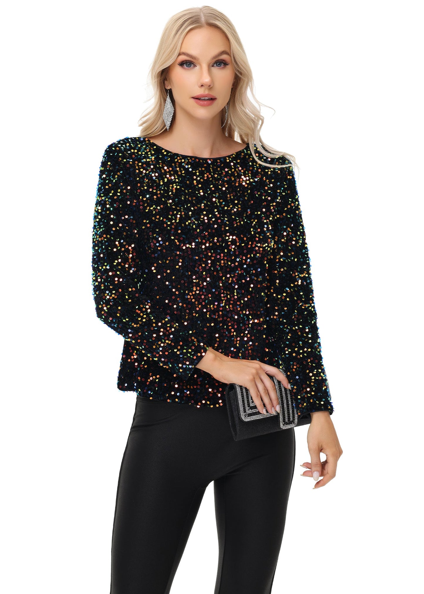 Anna-Kaci Women's Sequin Tops Sparkly Long Sleeve Glitter Evening Party Concert Shirt Blouse