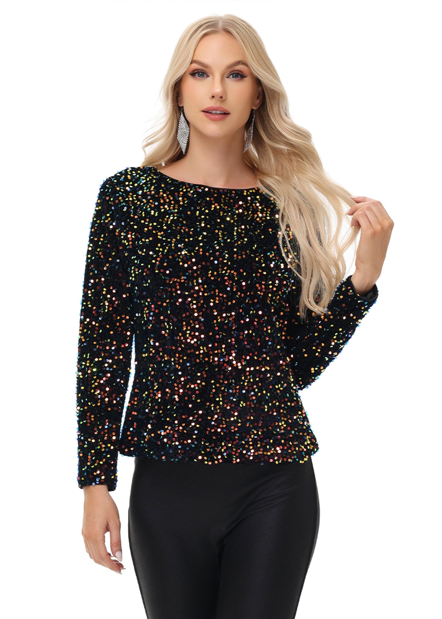 Anna-Kaci Women's Sequin Tops Sparkly Long Sleeve Glitter Evening Party Concert Shirt Blouse